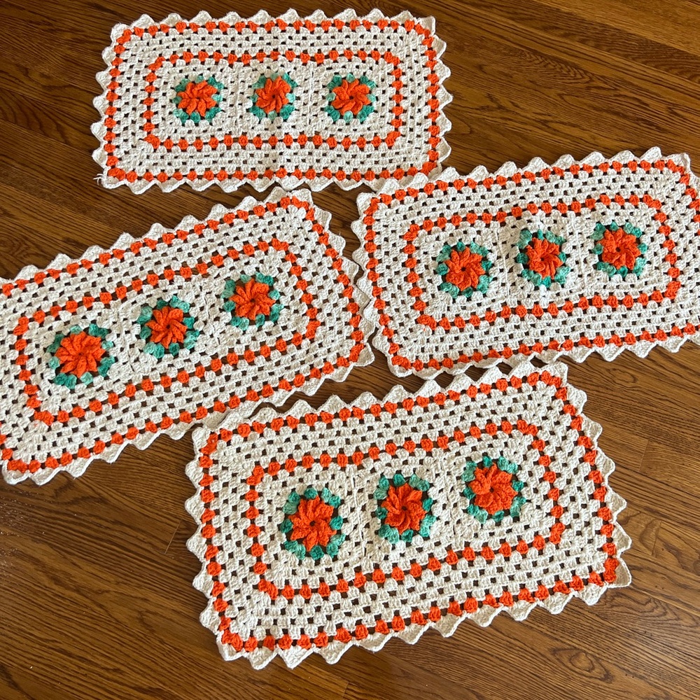 Vintage Crochet Rug Handmade with Flowers Detailing